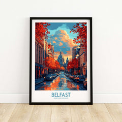 Belfast Travel Poster showcasing vibrant city scenery with autumn foliage and historic architecture.