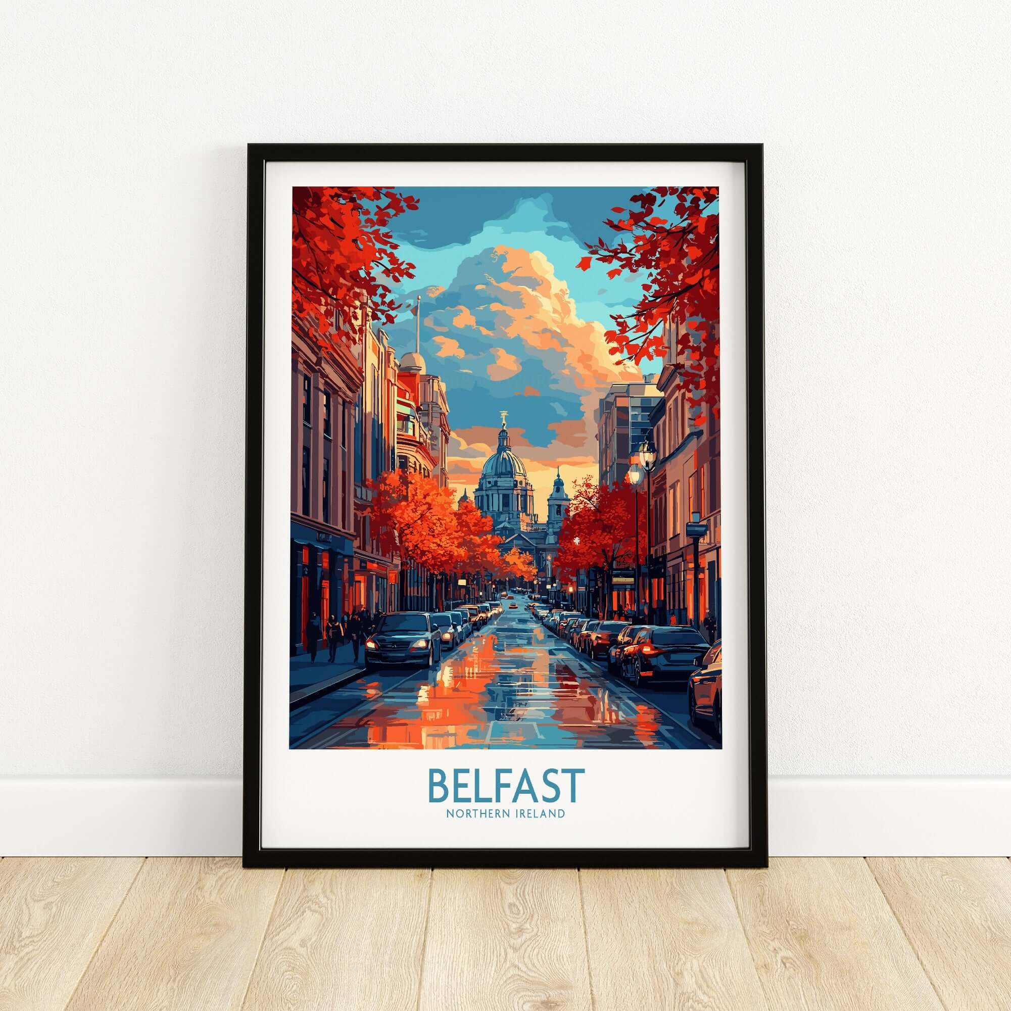 Belfast Travel Poster showcasing vibrant city scenery with autumn foliage and historic architecture.