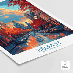 Belfast Travel Poster showcasing the vibrant streets of Belfast with autumn foliage and reflection in water.