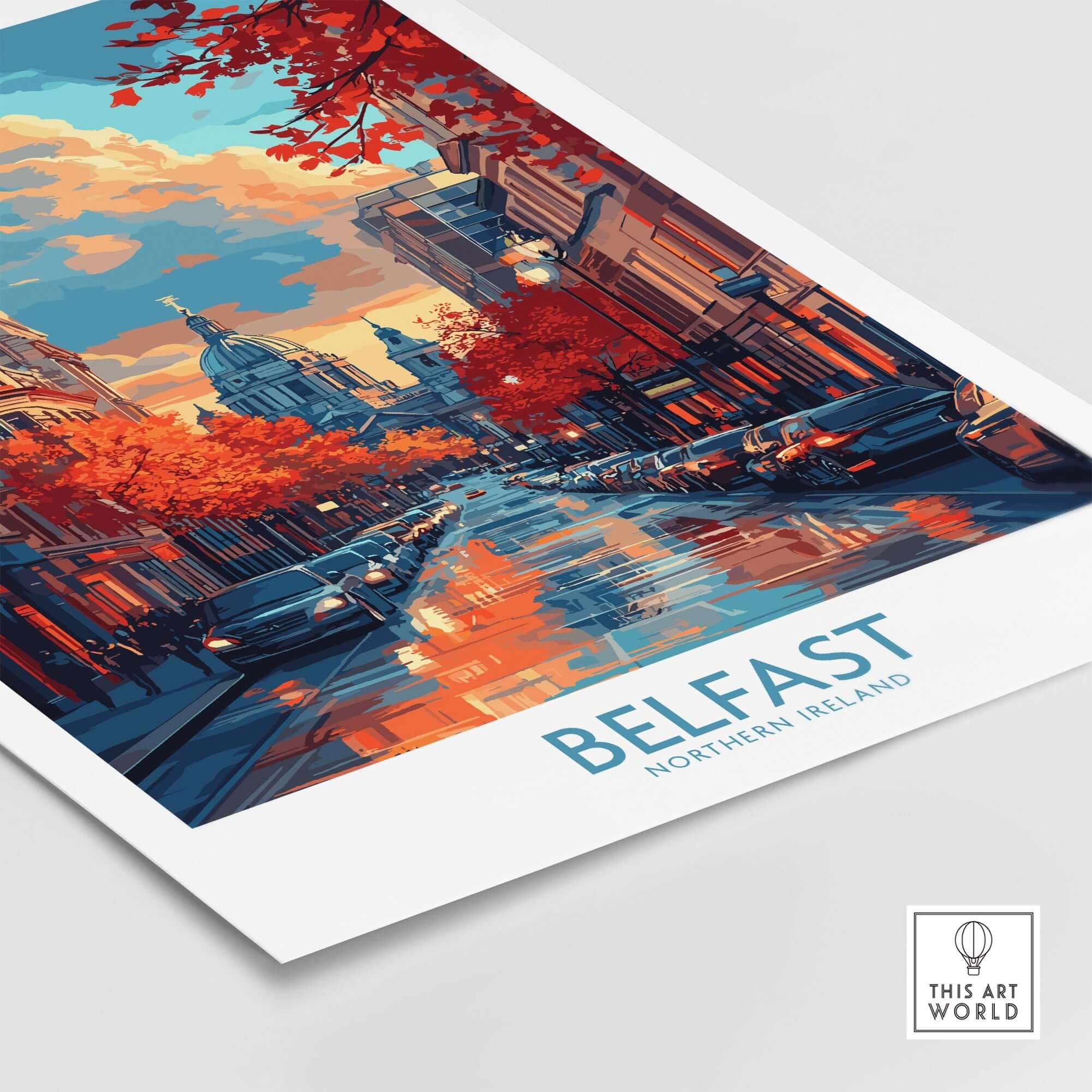 Belfast Travel Poster showcasing the vibrant streets of Belfast with autumn foliage and reflection in water.