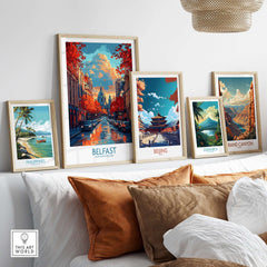 Belfast Travel Poster displayed among other travel posters in a stylish home setting.