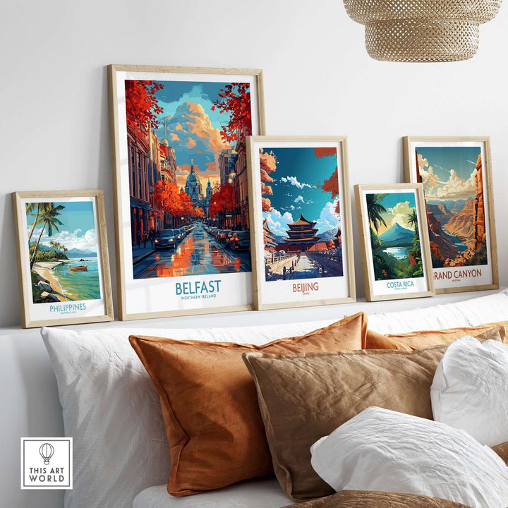 Vibrant travel posters of Belfast, Beijing, Costa Rica, and more showcased in a stylish home setting.