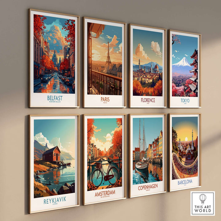 Colorful travel posters of Belfast, Paris, Florence, Tokyo, Reykjavik, Amsterdam, Copenhagen, and Barcelona on a wall.