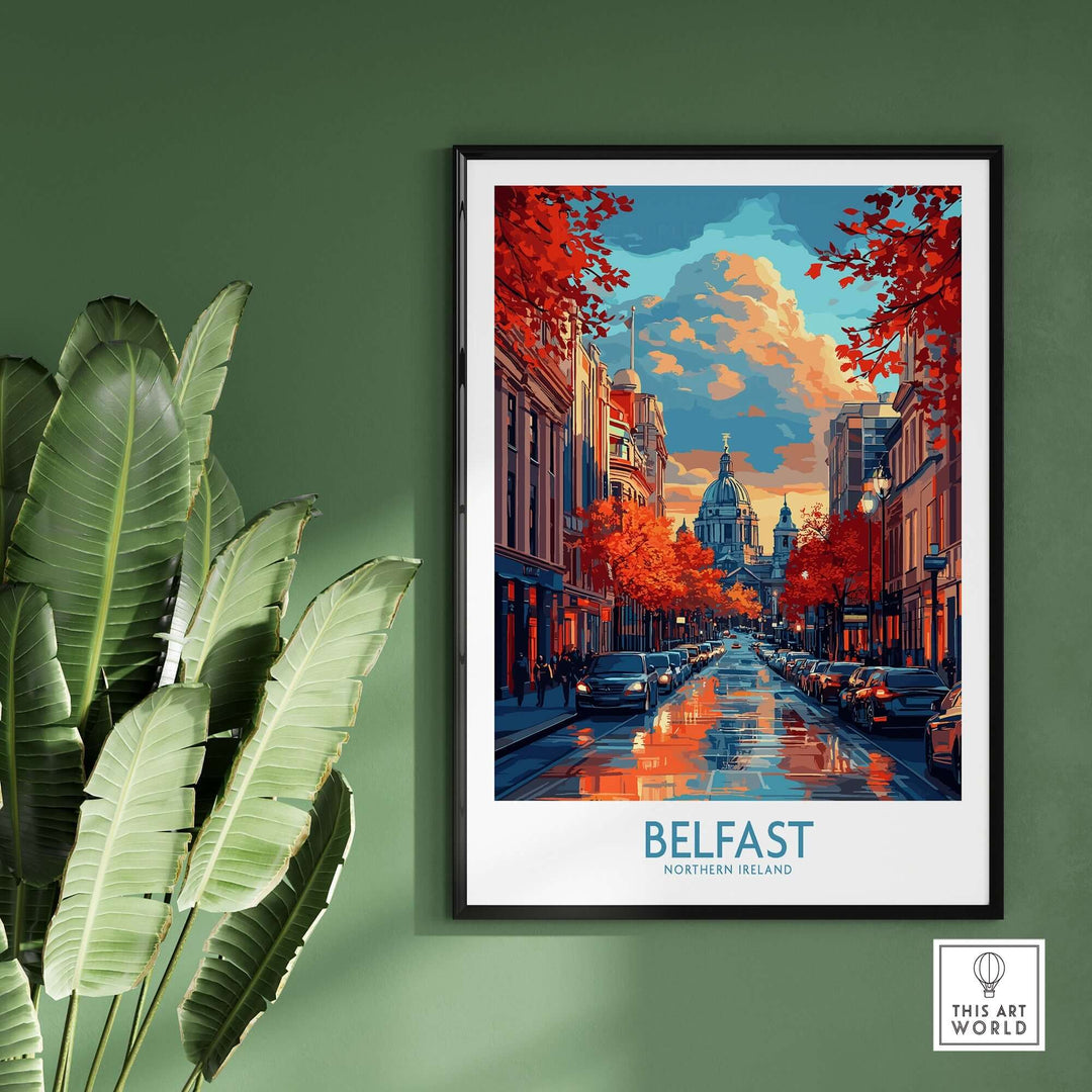 Belfast travel poster featuring vibrant cityscape and colorful autumn scenery, ideal for home décor.