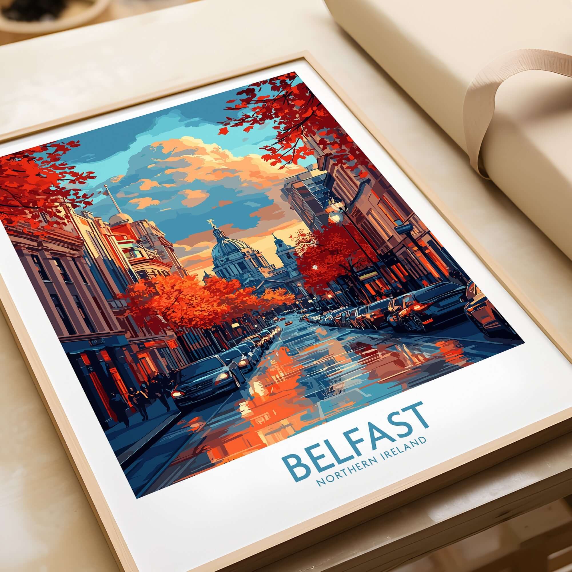 Belfast Travel Poster showcasing a vibrant city scene with autumn foliage and historic buildings in Northern Ireland.