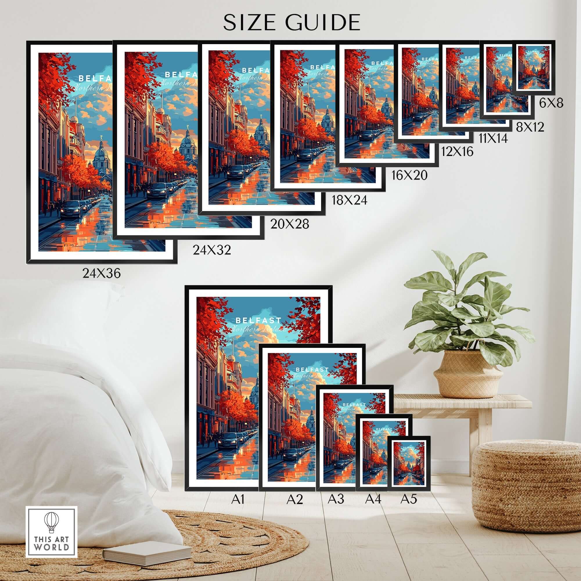 Belfast Travel Print size guide showcasing various frame sizes and vibrant street artwork of Belfast.
