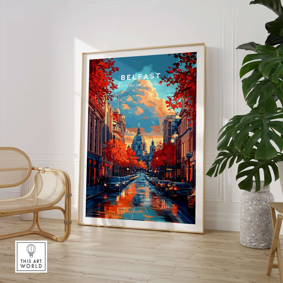 Belfast Travel Print showcasing vibrant city streets and autumn foliage, perfect for home or office decor.