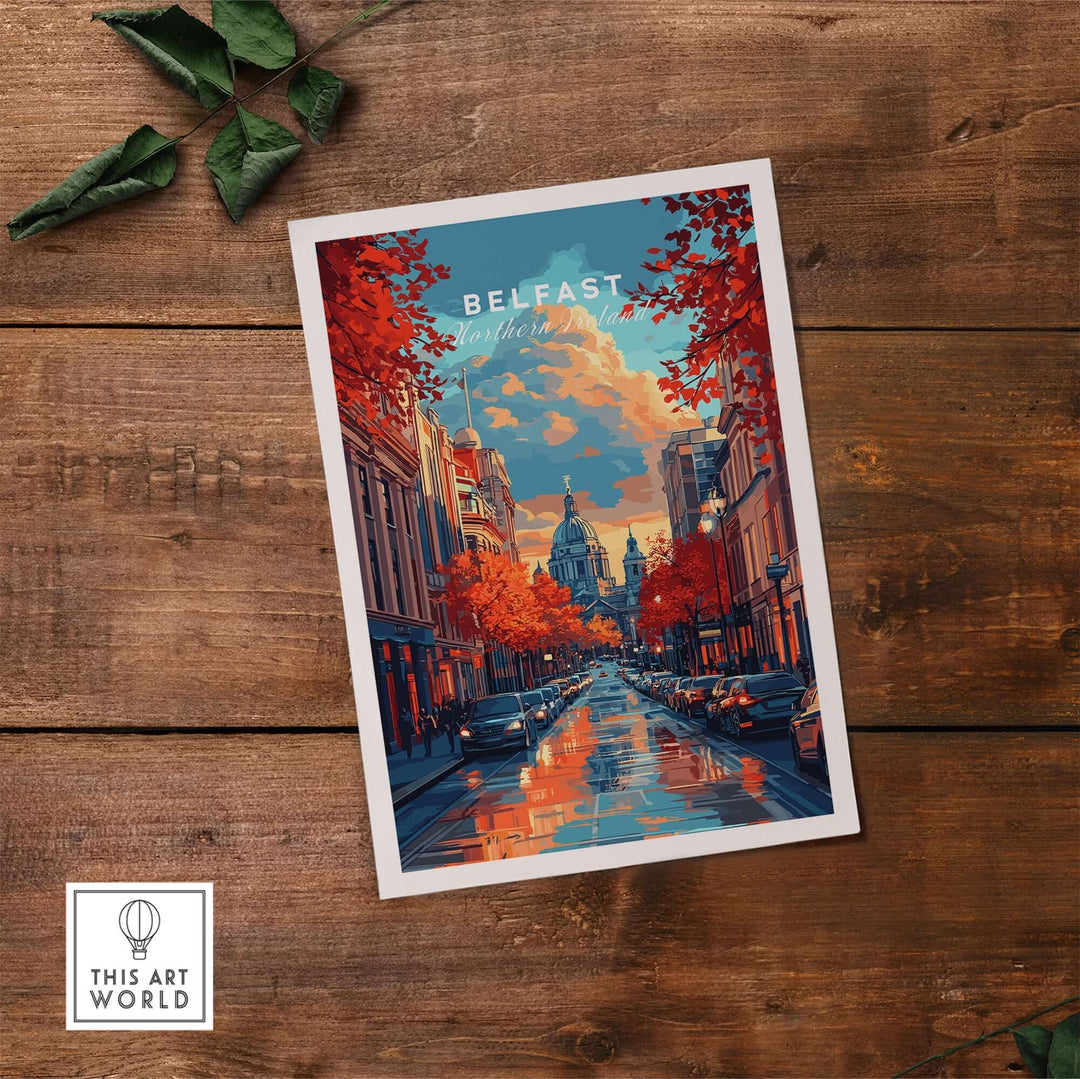 Belfast Travel Print showcasing vibrant city streets and autumn foliage, inspiring wanderlust and adventure.