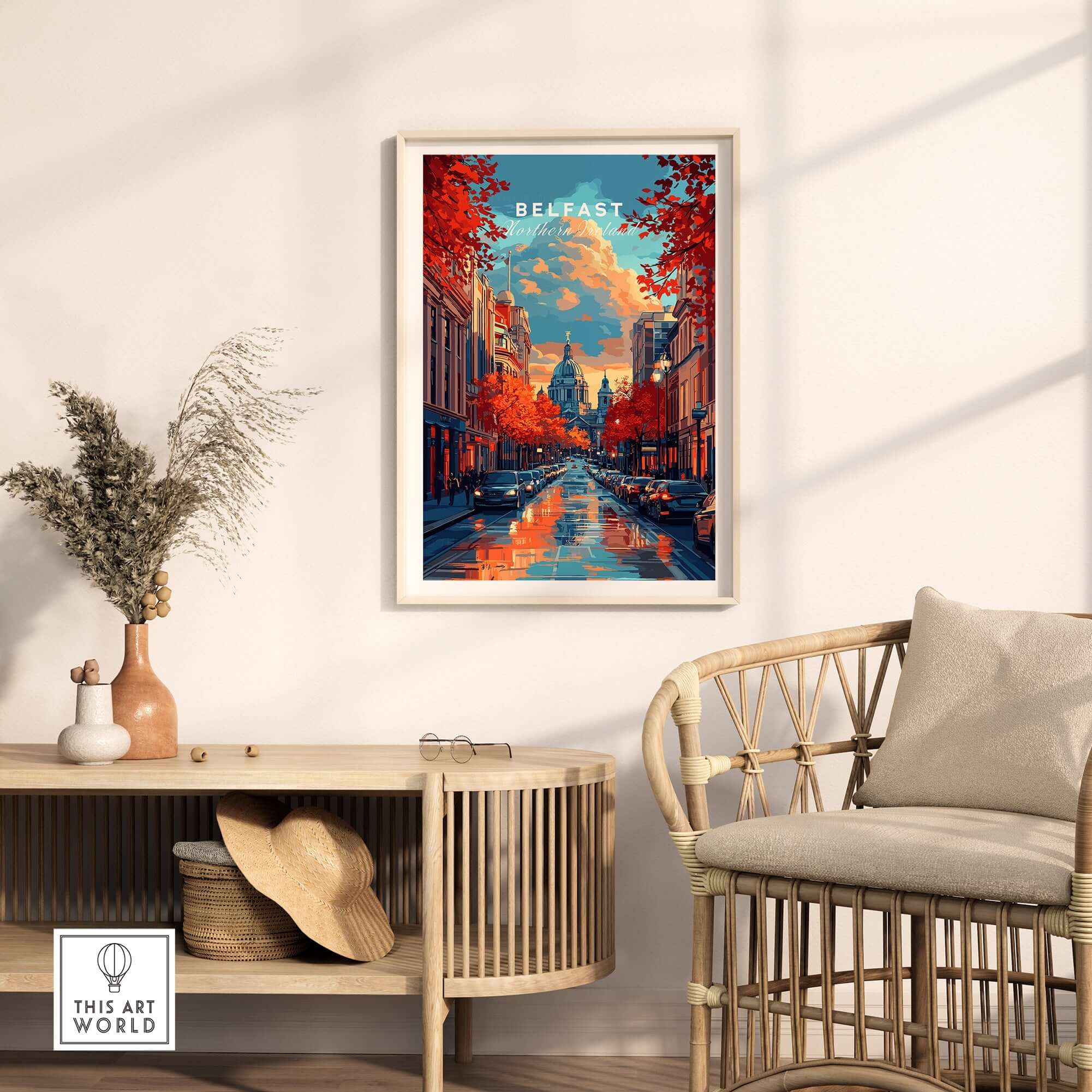 Belfast Travel Print displayed in a cozy living room setting with autumn leaves and soft lighting.