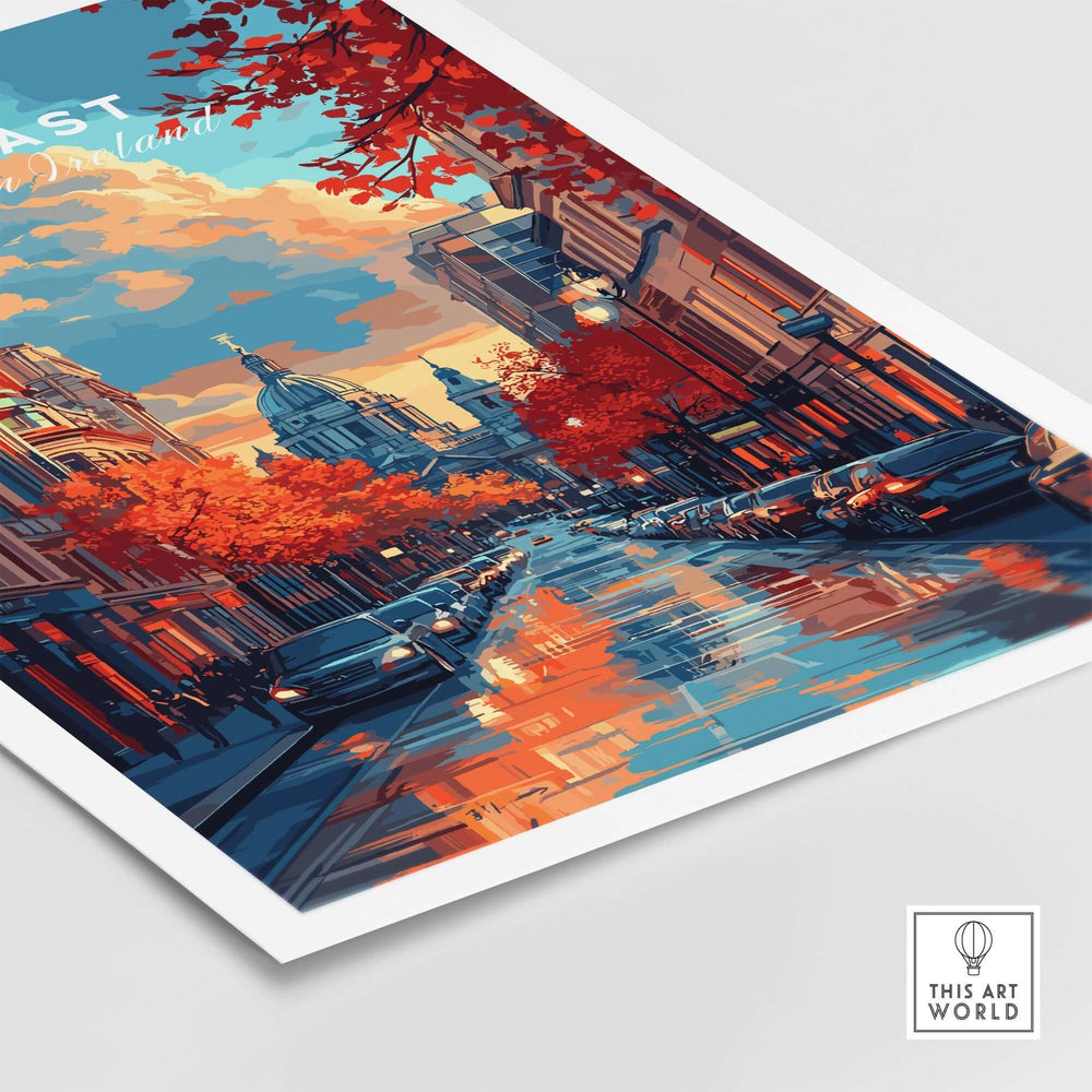 Belfast Travel Print featuring vibrant autumn streets and reflections, perfect for wanderlust-inspired home decor.