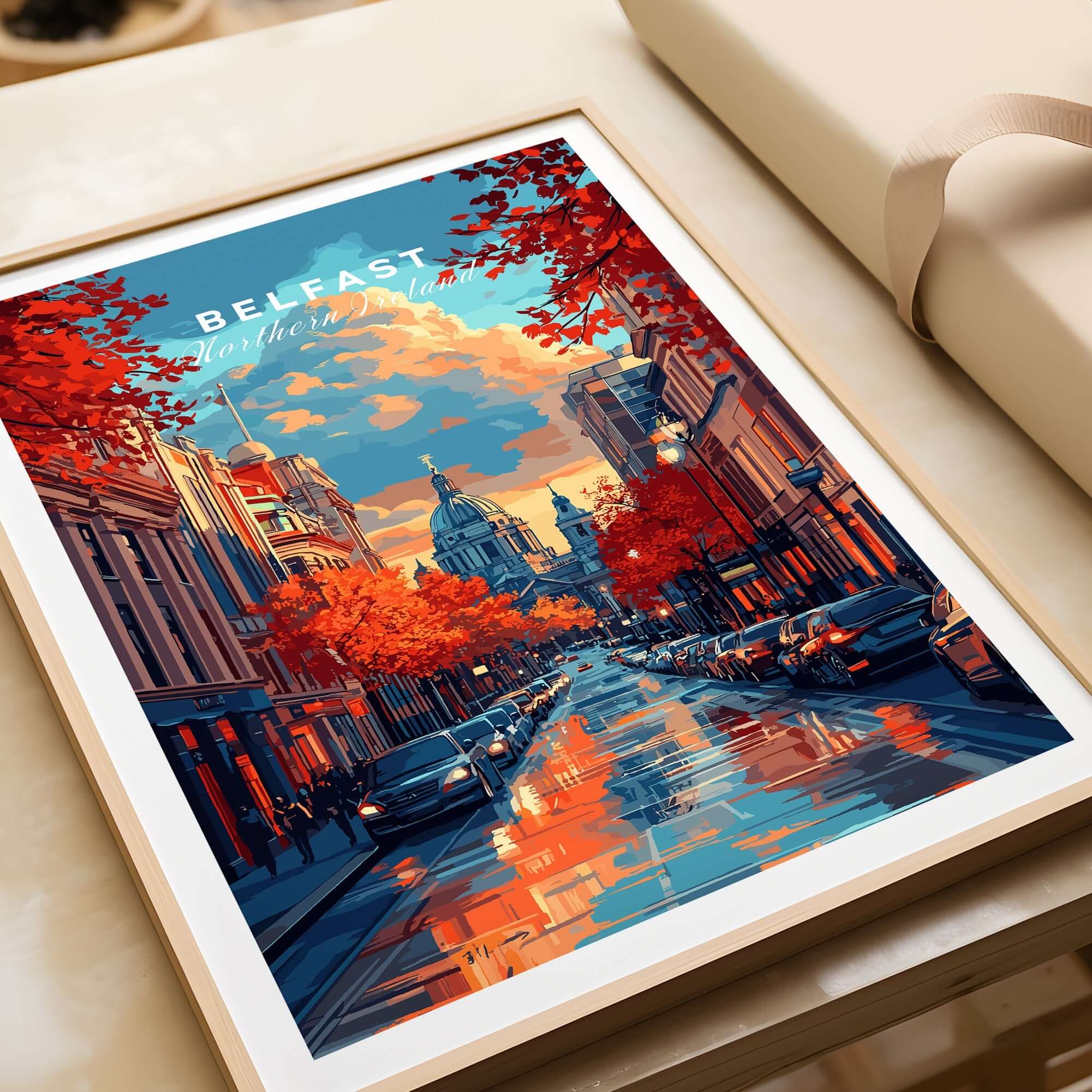Belfast Travel Print featuring vibrant street scene with autumn leaves and beautiful city architecture.