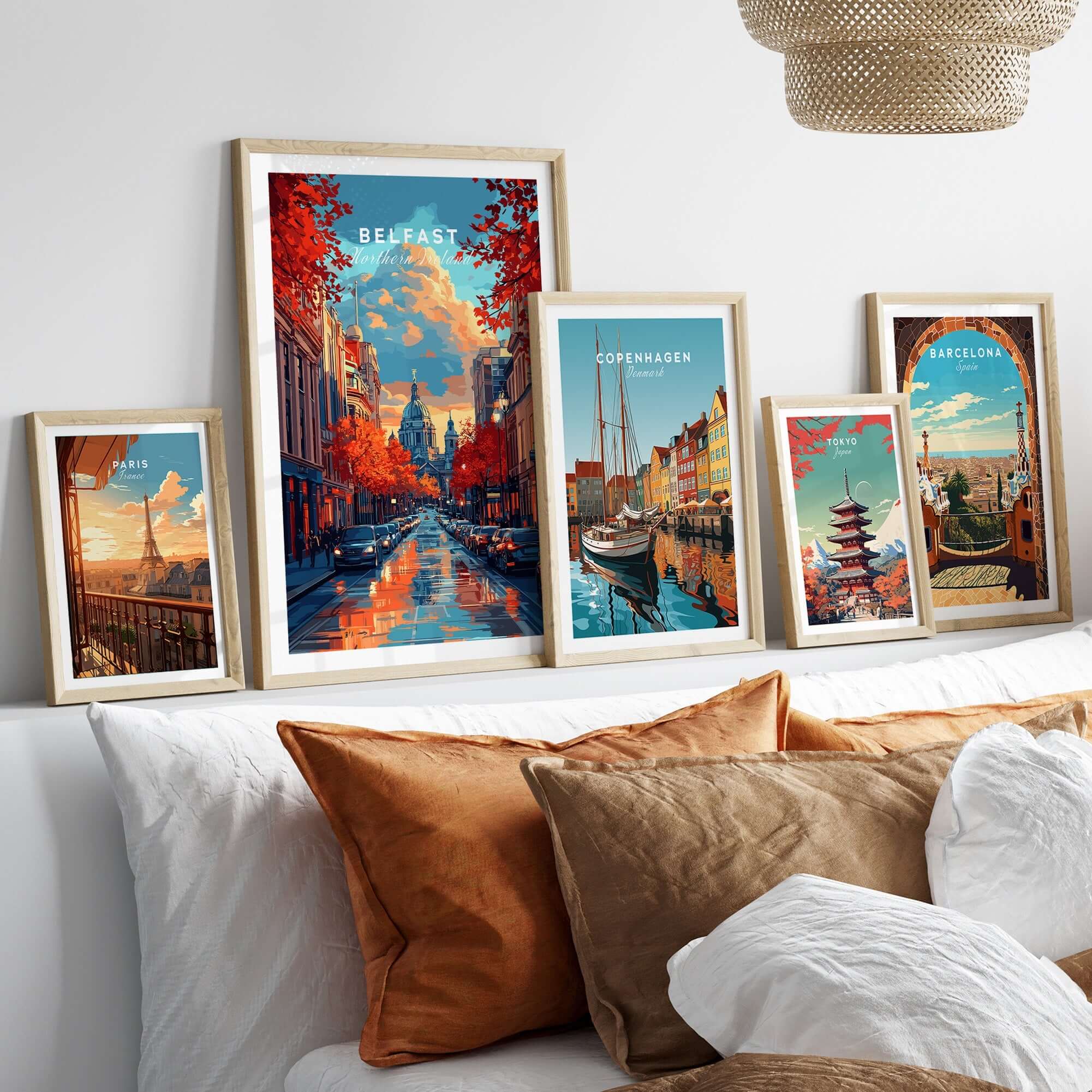 Belfast Travel Print displayed among other travel prints in a stylish home setting.