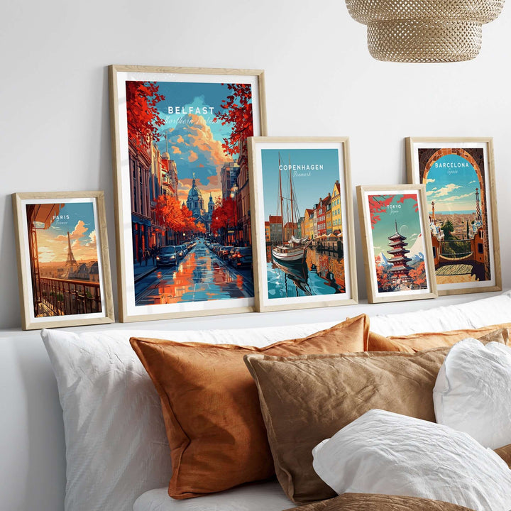 Belfast Travel Print displayed among other city prints in a cozy living room setting, enhancing home decor and wanderlust.