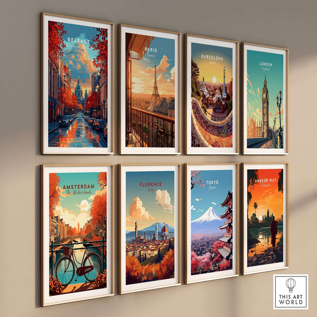 Colorful travel prints of iconic cities including Belfast, Paris, and Tokyo on display in stylish frames.