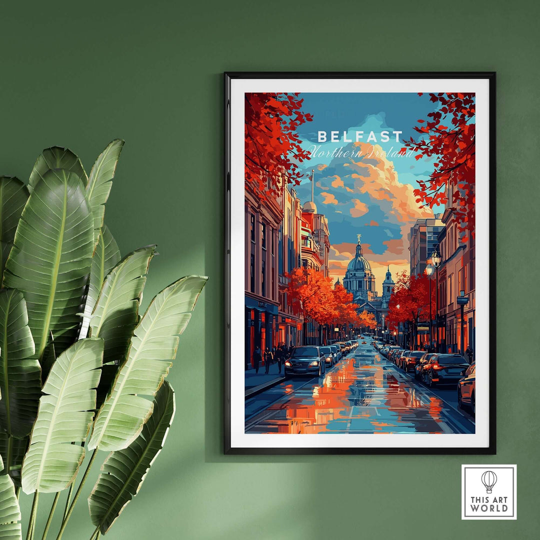 Belfast travel print showcasing vibrant streets, autumn foliage, and a stunning skyline, perfect for home decor.