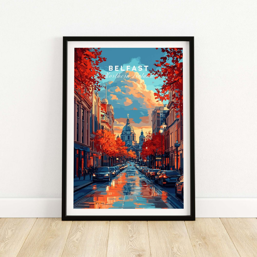 Belfast travel print featuring vibrant streets and autumn foliage, perfect for home decor inspiration.