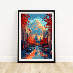 Belfast Travel Print showcasing vibrant city streets and autumn colors, perfect for home decor.