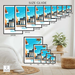 Size guide for Berlin Wall Art featuring Brandenburg Gate in various dimensions on a stylish home decor setting.