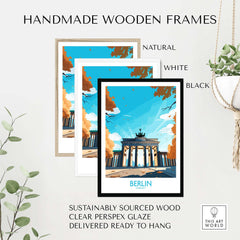 Berlin wall art in handmade wooden frames showcasing the Brandenburg Gate, perfect for modern home decor.