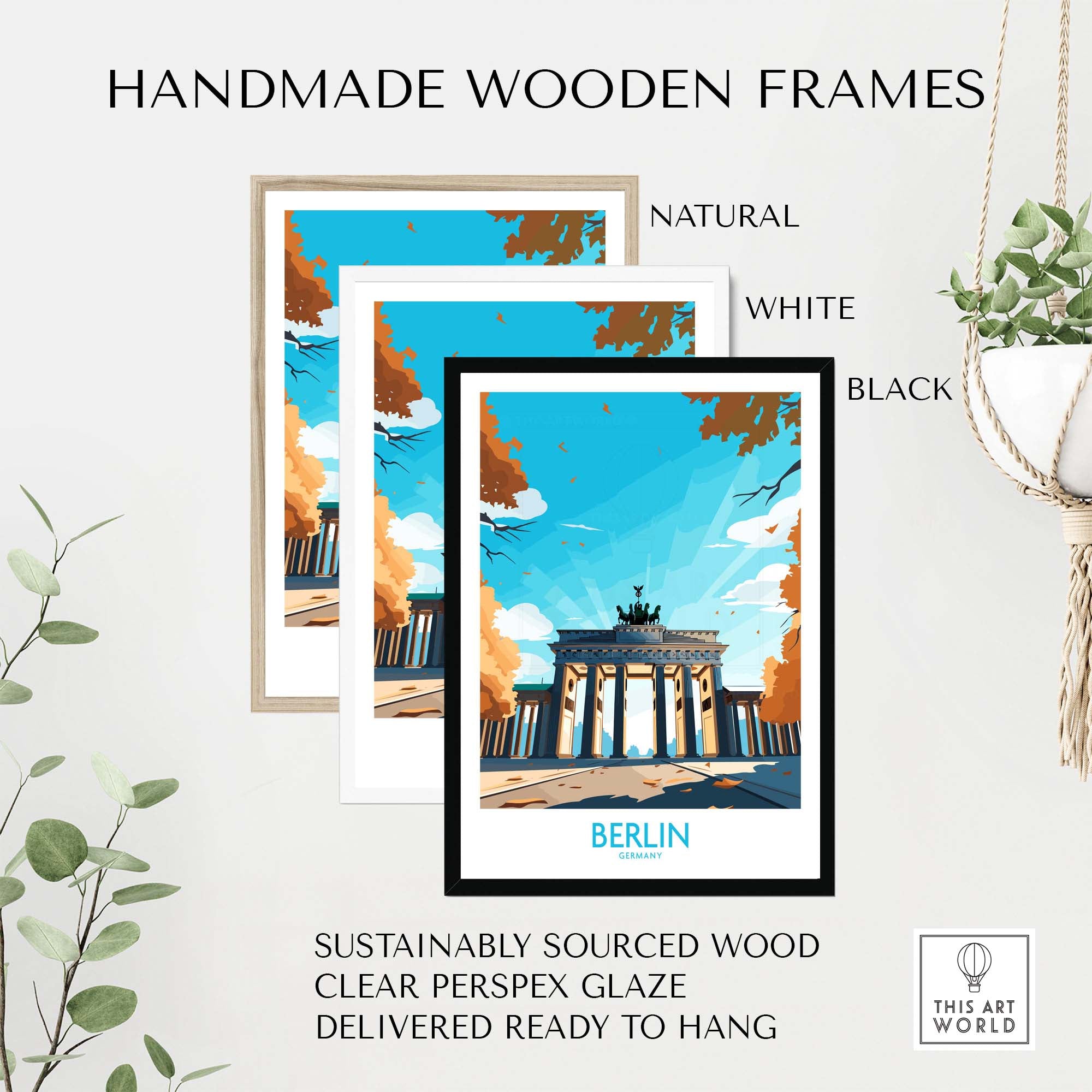 Berlin wall art in handmade wooden frames showcasing the Brandenburg Gate, perfect for modern home decor.