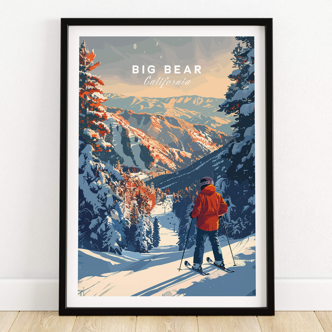 Big Bear Travel Poster - California featuring a skier in a scenic snowy landscape of Big Bear, California.