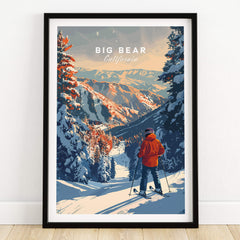 Big Bear Travel Poster - California featuring a skier in a scenic snowy landscape of Big Bear, California.