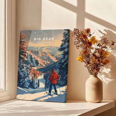 Big Bear Travel Poster - California showcasing a skier in a snowy landscape with mountains in the background.