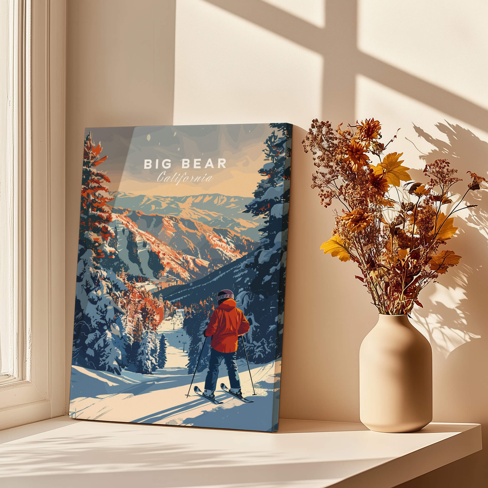 Big Bear Travel Poster - California showcasing a skier in a snowy landscape with mountains in the background.