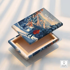 Big Bear Travel Poster - California displayed on a wooden box showcasing vibrant mountain scenery and a skier.