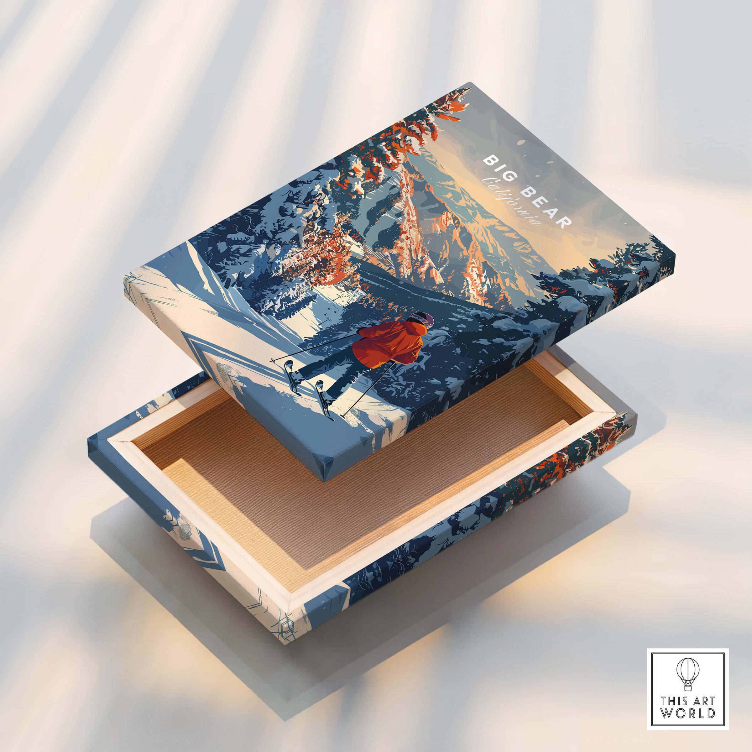 Big Bear Travel Poster - California displayed on a wooden box showcasing vibrant mountain scenery and a skier.
