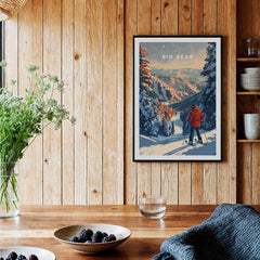 Big Bear Travel Poster - California displayed in a rustic home setting with snowy mountains and a skier.