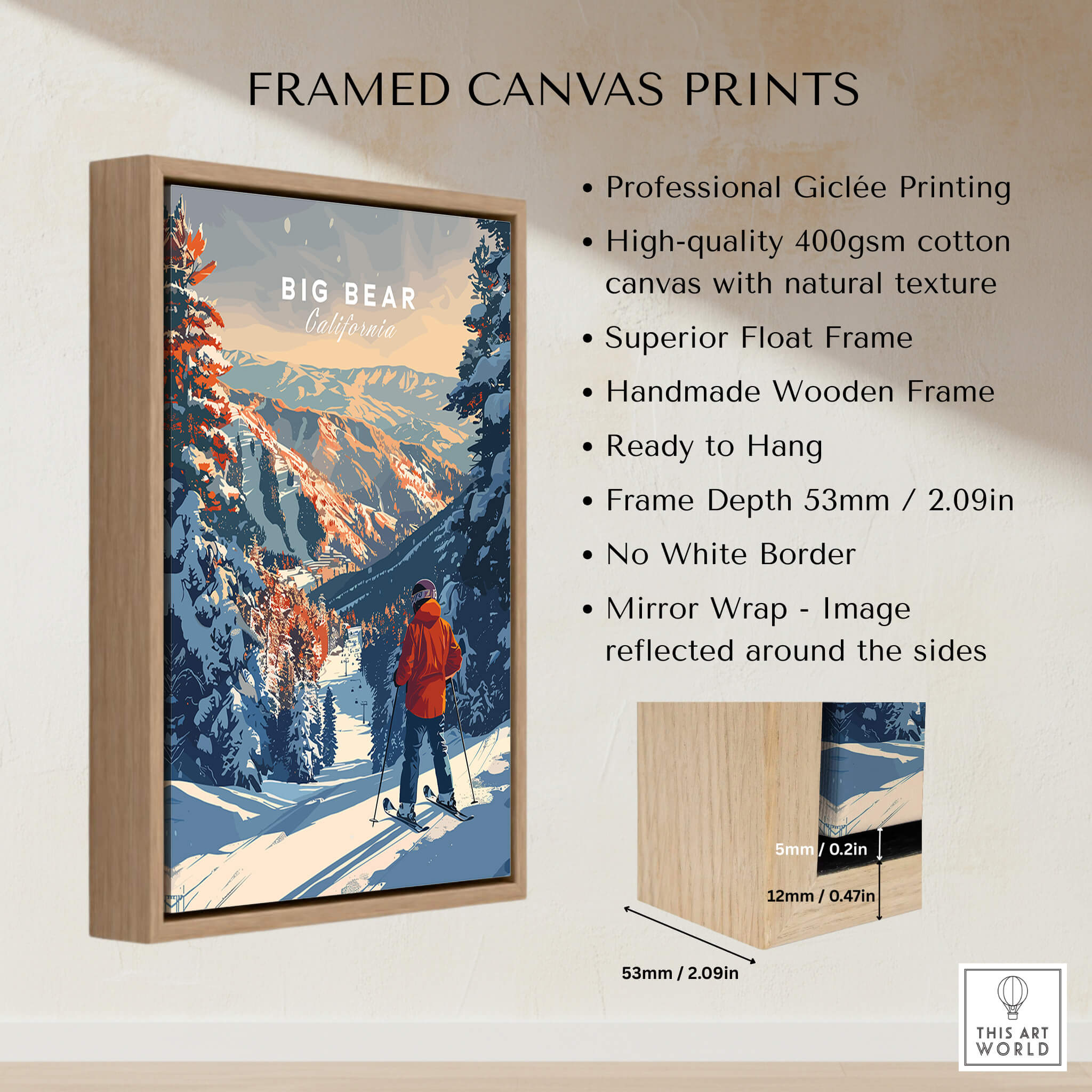 Big Bear Travel Poster - California framed canvas print with skier in snow-covered mountains.
