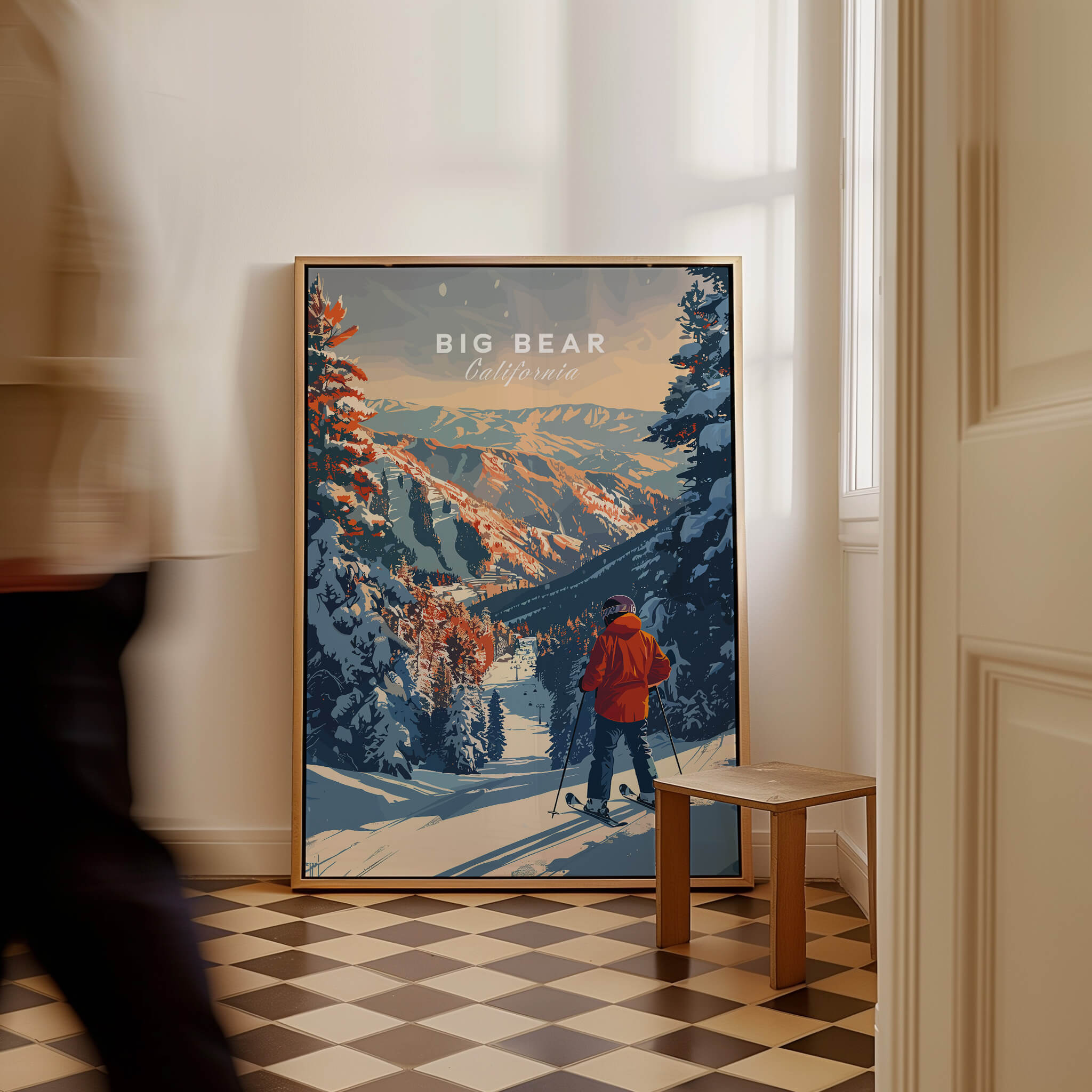Big Bear Travel Poster - California showcasing a skier in a winter landscape, perfect for travel lovers.