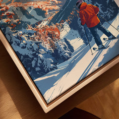 Big Bear Travel Poster - California featuring a skier in vibrant colors and stunning winter landscapes.