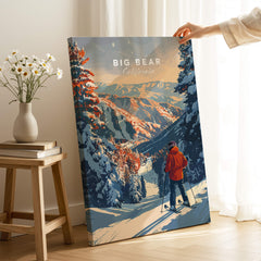Big Bear Travel Poster - California featuring a skier in a snowy landscape with vibrant colors and scenic views.