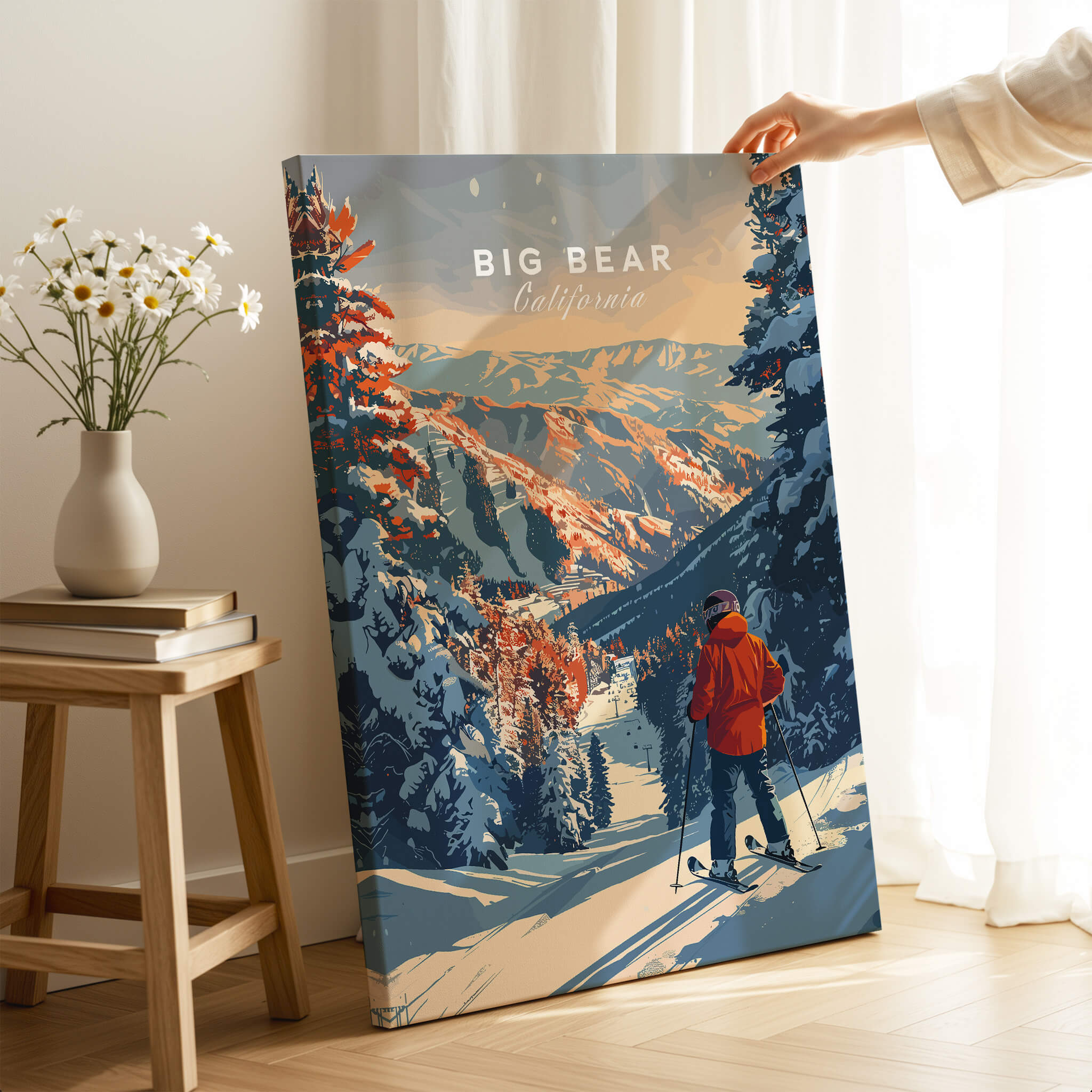 Big Bear Travel Poster - California featuring a skier in a snowy landscape with vibrant colors and scenic views.