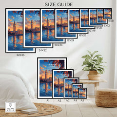 Big Ben London Art Print | Westminster Palace Poster size guide showing various frame sizes for the art print.