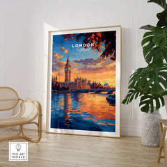 Big Ben London Art Print | Westminster Palace Poster featuring a scenic view of London at sunset.