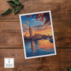 Big Ben London Art Print | Westminster Palace Poster depicting a vibrant sunset over London and the Houses of Parliament.