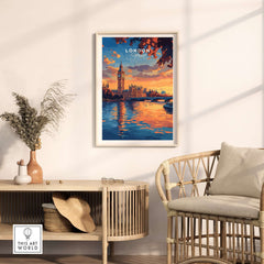 Big Ben London Art Print | Westminster Palace Poster, featuring a sunset view of London skyline.