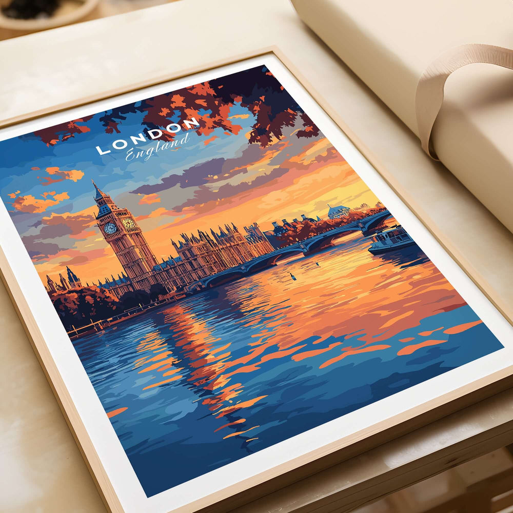 Big Ben London Art Print | Westminster Palace Poster showcasing the iconic skyline of London in vibrant sunset hues.