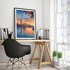 Big Ben London Art Print | Westminster Palace Poster showcased in a stylish home office setting with vibrant sunset colors.