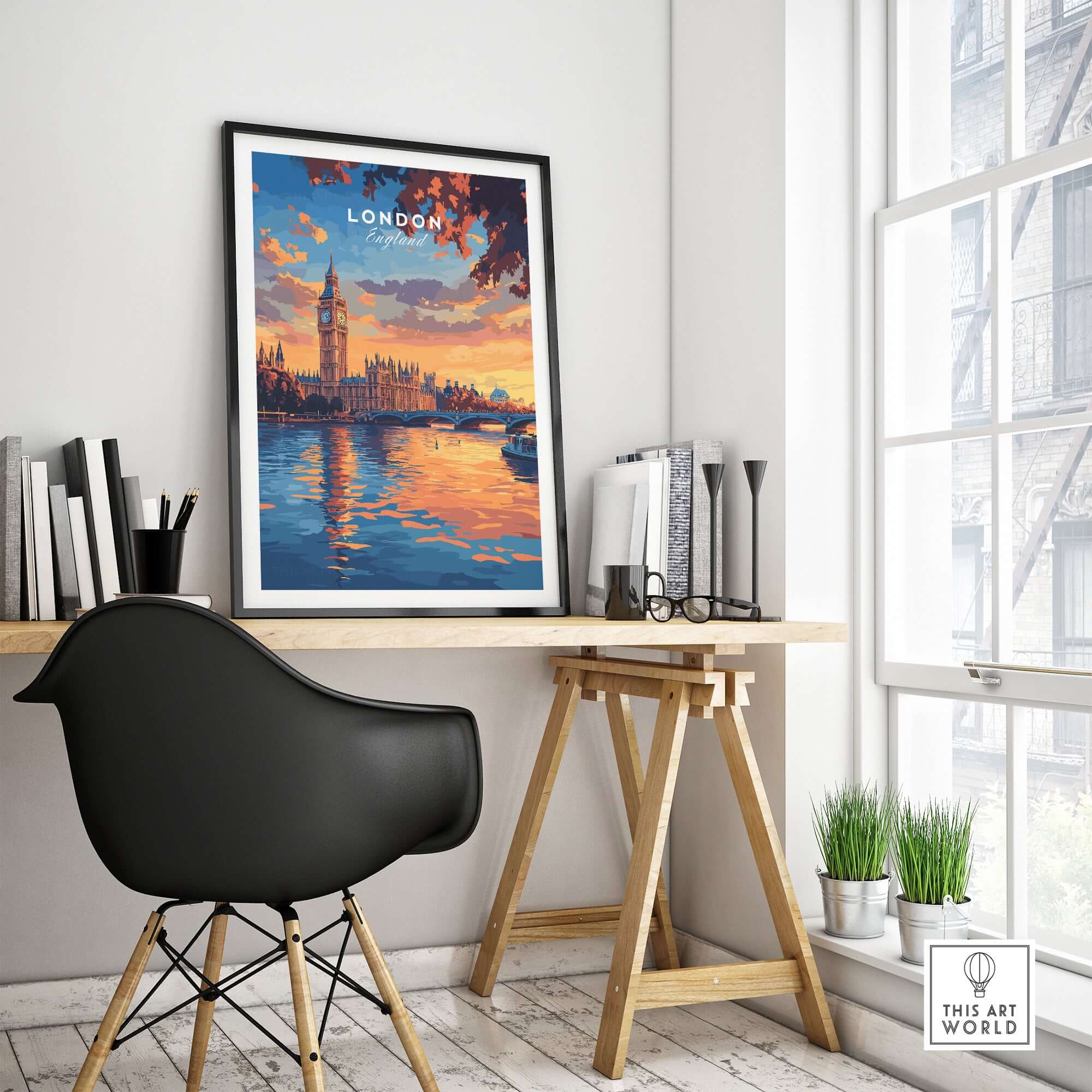 Big Ben London Art Print | Westminster Palace Poster showcased in a stylish home office setting with vibrant sunset colors.