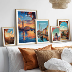 Big Ben London Art Print | Westminster Palace Poster displayed among art prints of Copenhagen and Barcelona.