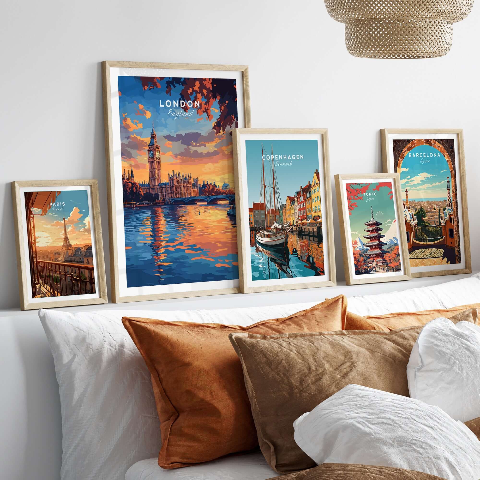 Big Ben London Art Print | Westminster Palace Poster displayed among art prints of Copenhagen and Barcelona.