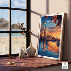 Big Ben London Art Print | Westminster Palace Poster displayed on a table near a sunny window with a beach view.