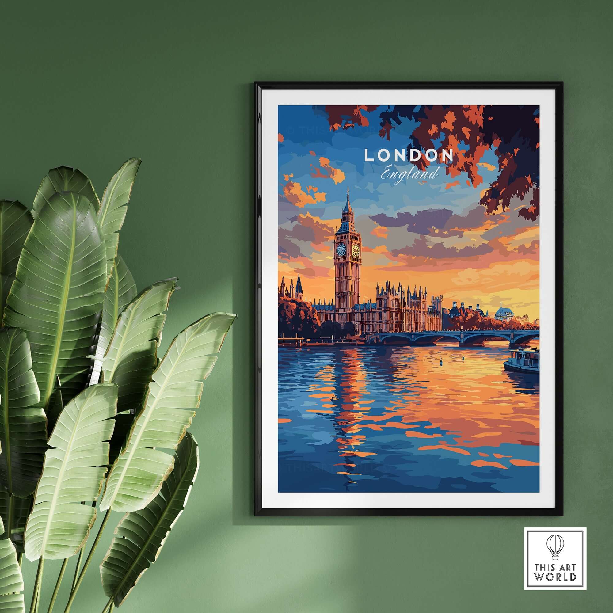 Big Ben London Art Print | Westminster Palace Poster with colorful sunset over the Thames River
