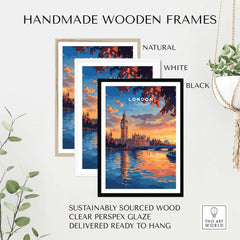 Handmade wooden frames for Big Ben London Art Print | Westminster Palace Poster in natural, white, and black finishes.