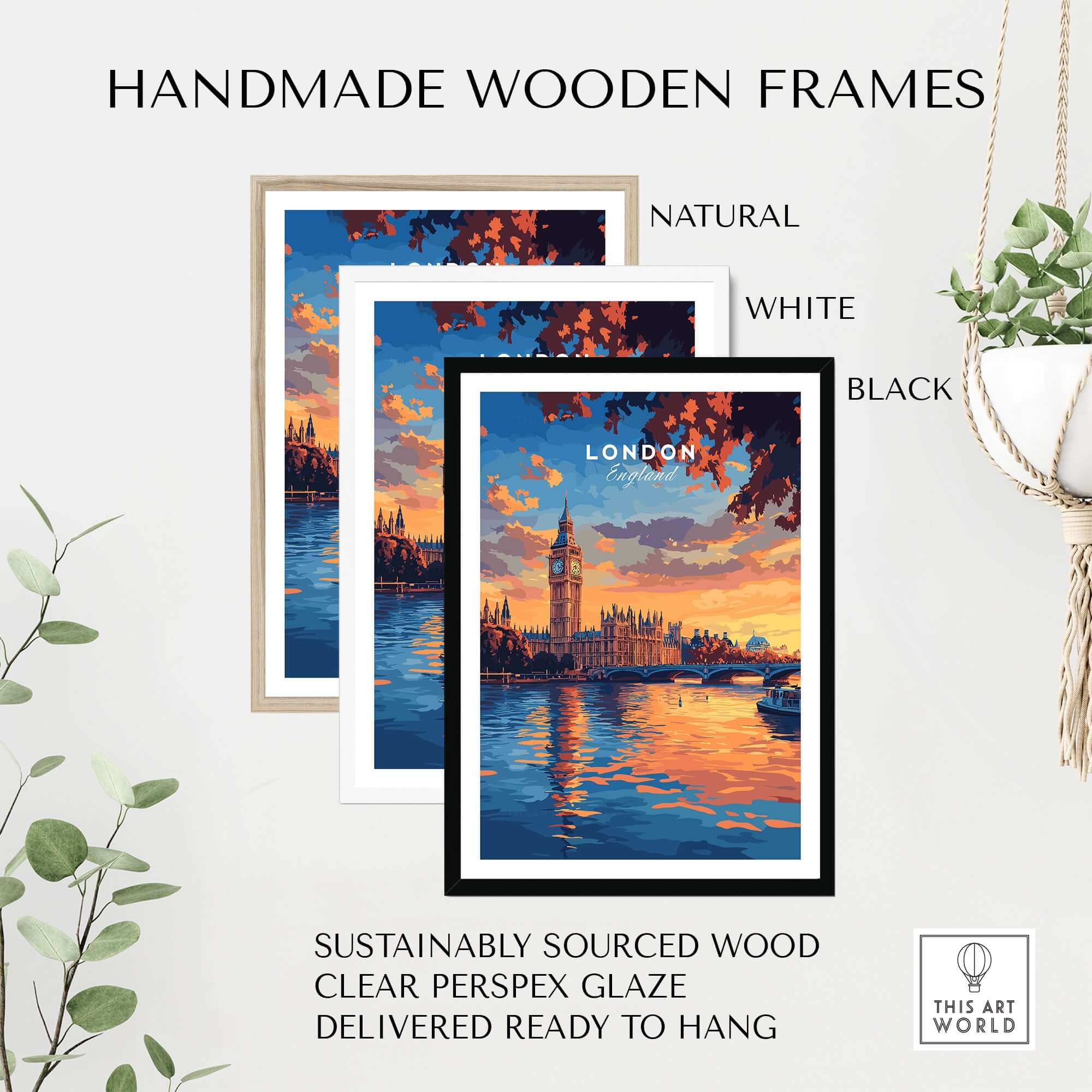 Handmade wooden frames for Big Ben London Art Print | Westminster Palace Poster in natural, white, and black finishes.