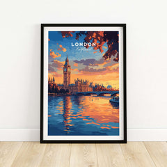 Big Ben London Art Print | Westminster Palace Poster showcasing iconic skyline at sunset.